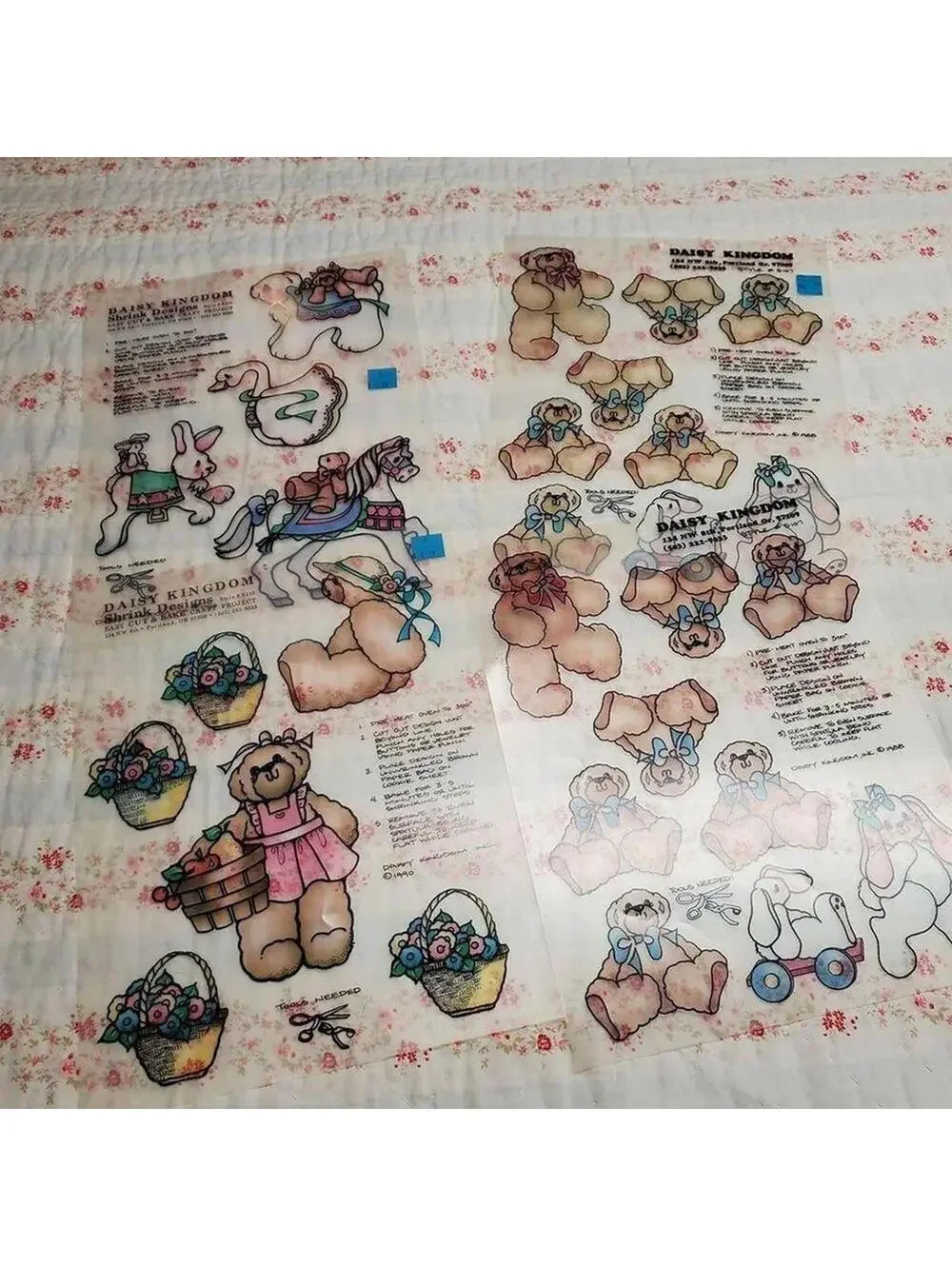 Vintage Daisy Kingdom Shrinky Dinks Fabric Panel Set of 4 Bear & Basket Designs
